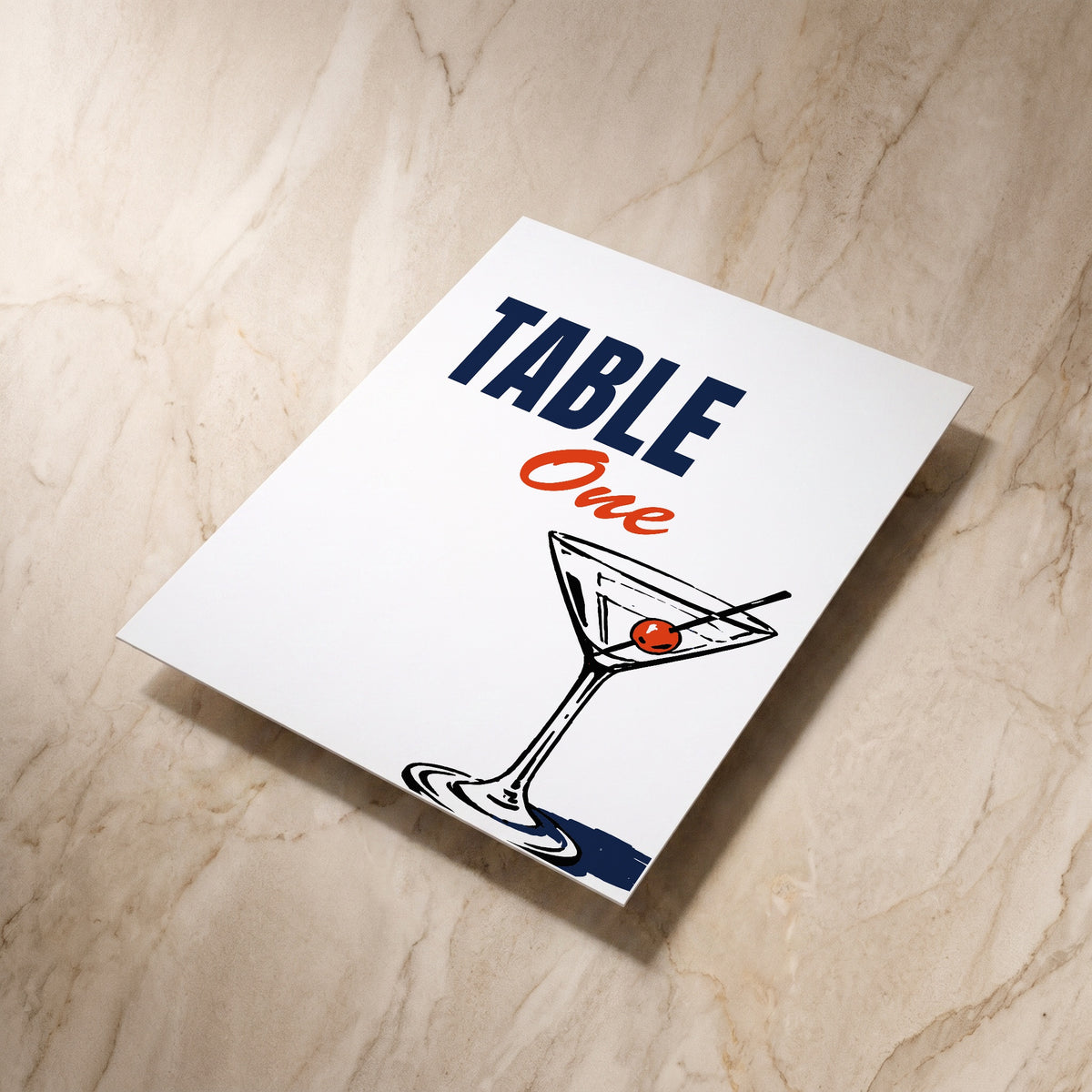 Illustrative wedding table number, shown at an angle, designed and printed in Suffolk
