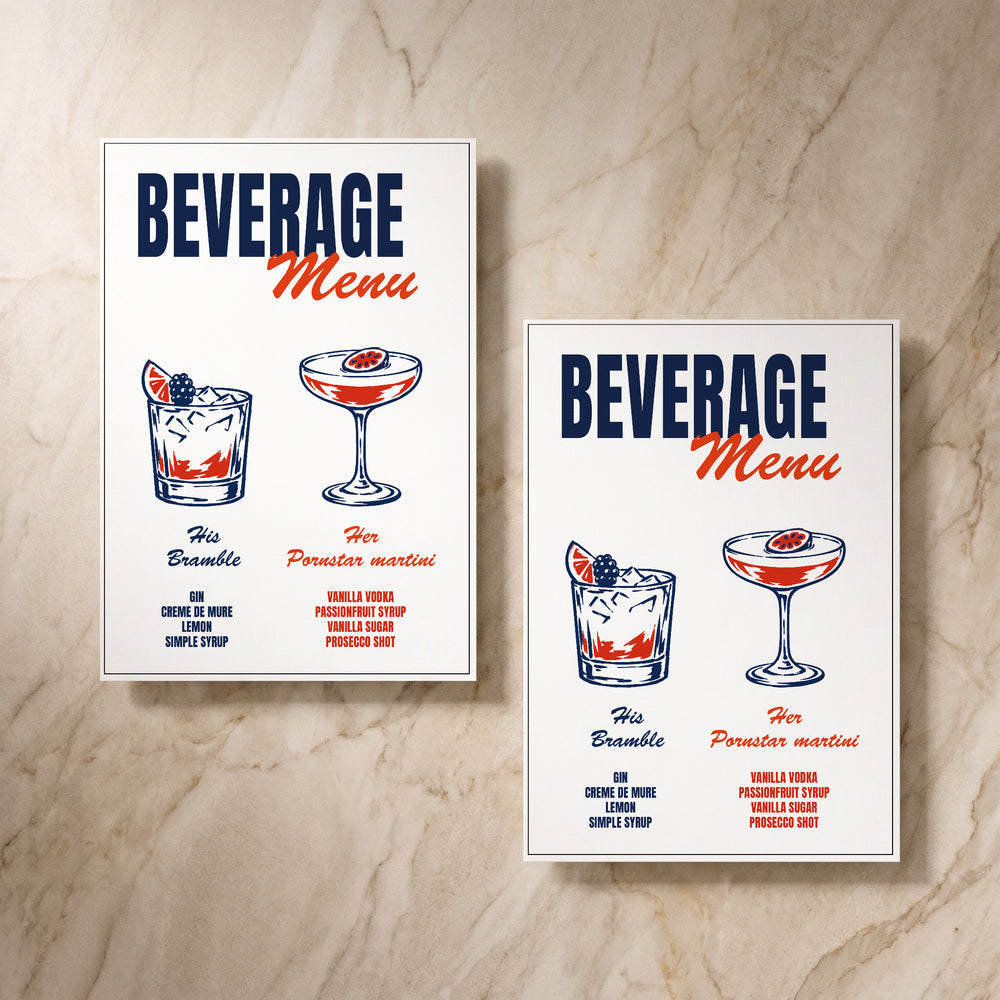 Illustrative drinks list, front and back pair