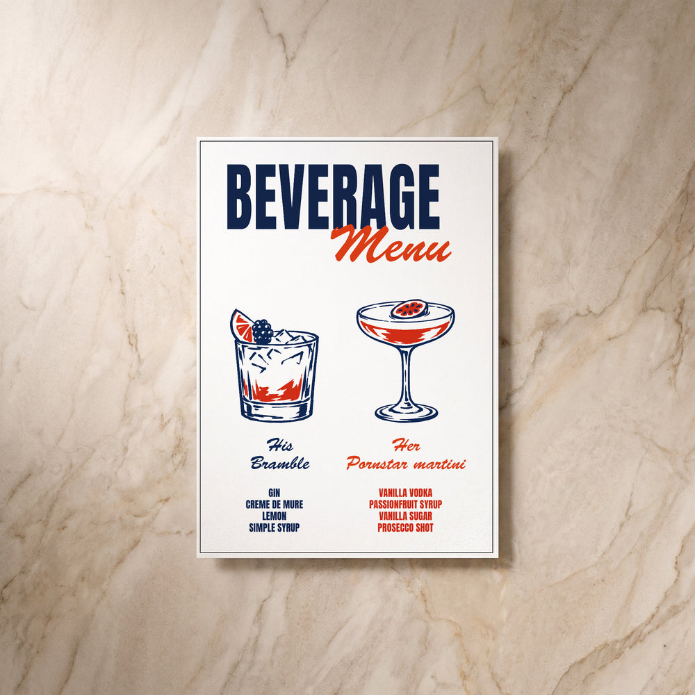 Illustrative drinks list, front view