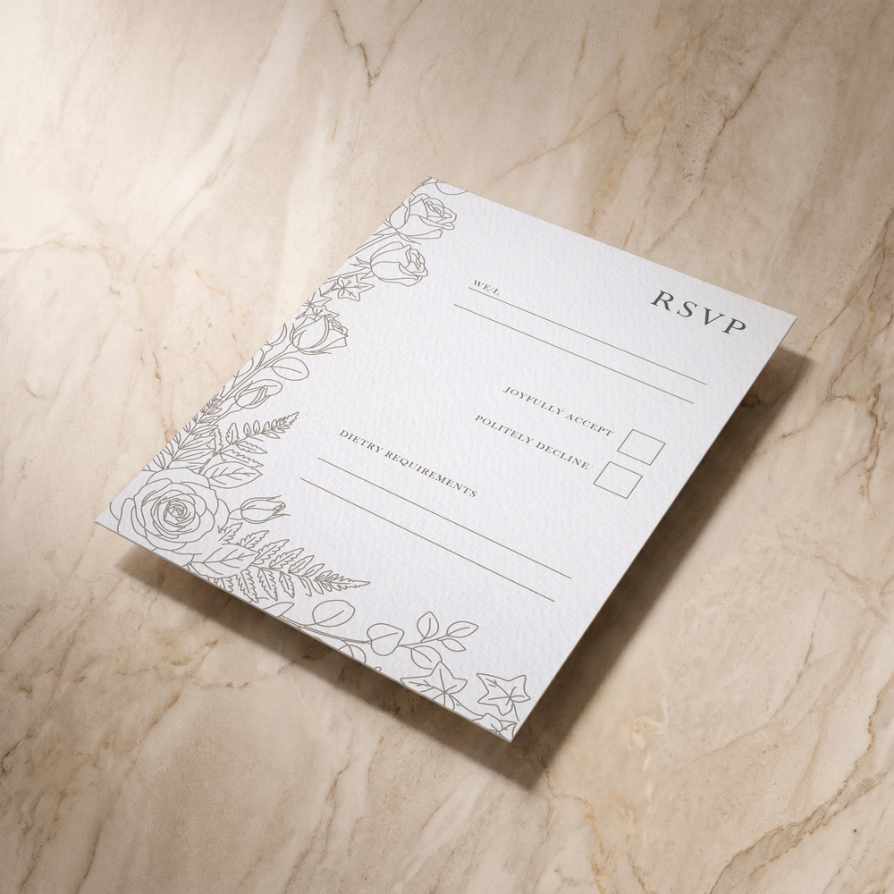 Line Garden RSVP card, shown at an angle, designed and printed in Suffolk