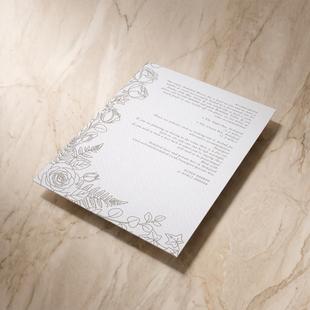 Line Garden wedding details card, reverse shown at an angle, designed and printed in Suffolk