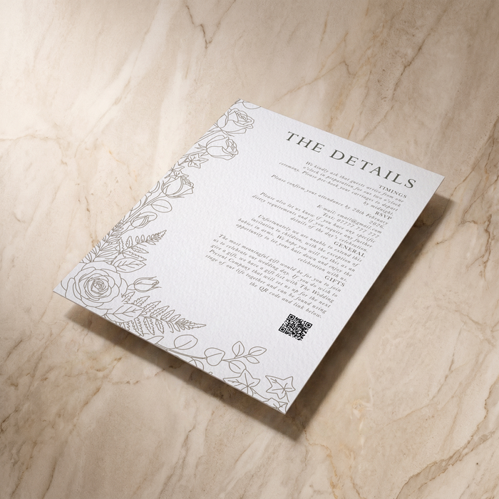 Line Garden wedding details card, shown at an angle, designed and printed in Suffolk