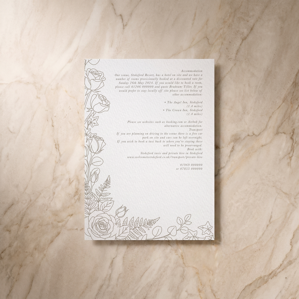 Line Garden wedding details card, reverse design, designed and printed in Suffolk