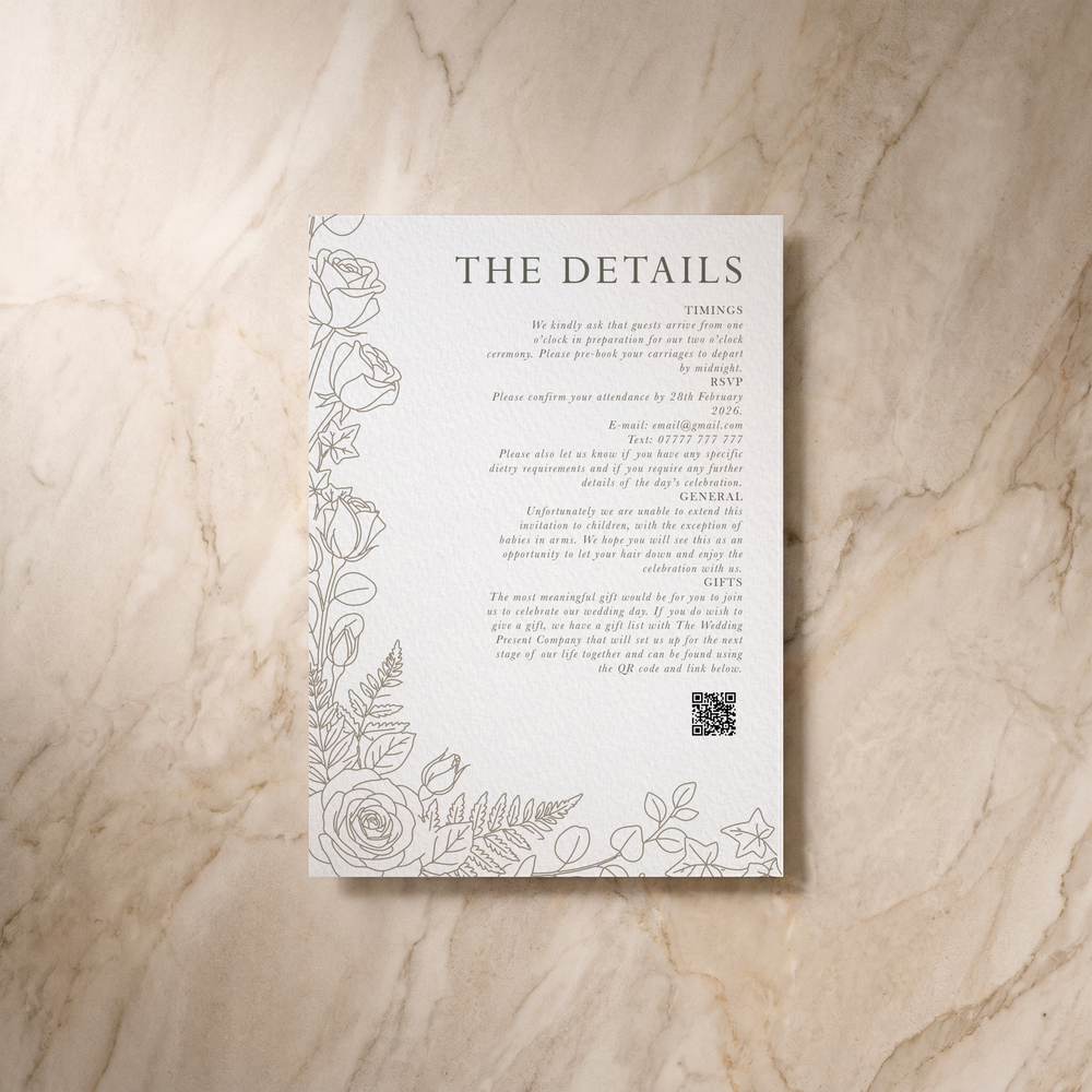 Line Garden wedding details card, front design, designed and printed in Suffolk