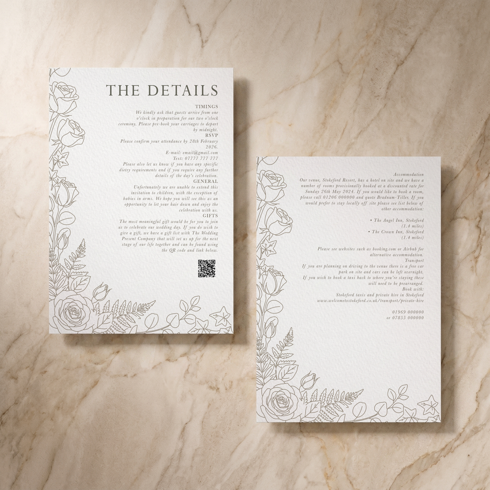 Line Garden wedding details card, front and reverse, designed and printed in Suffolk