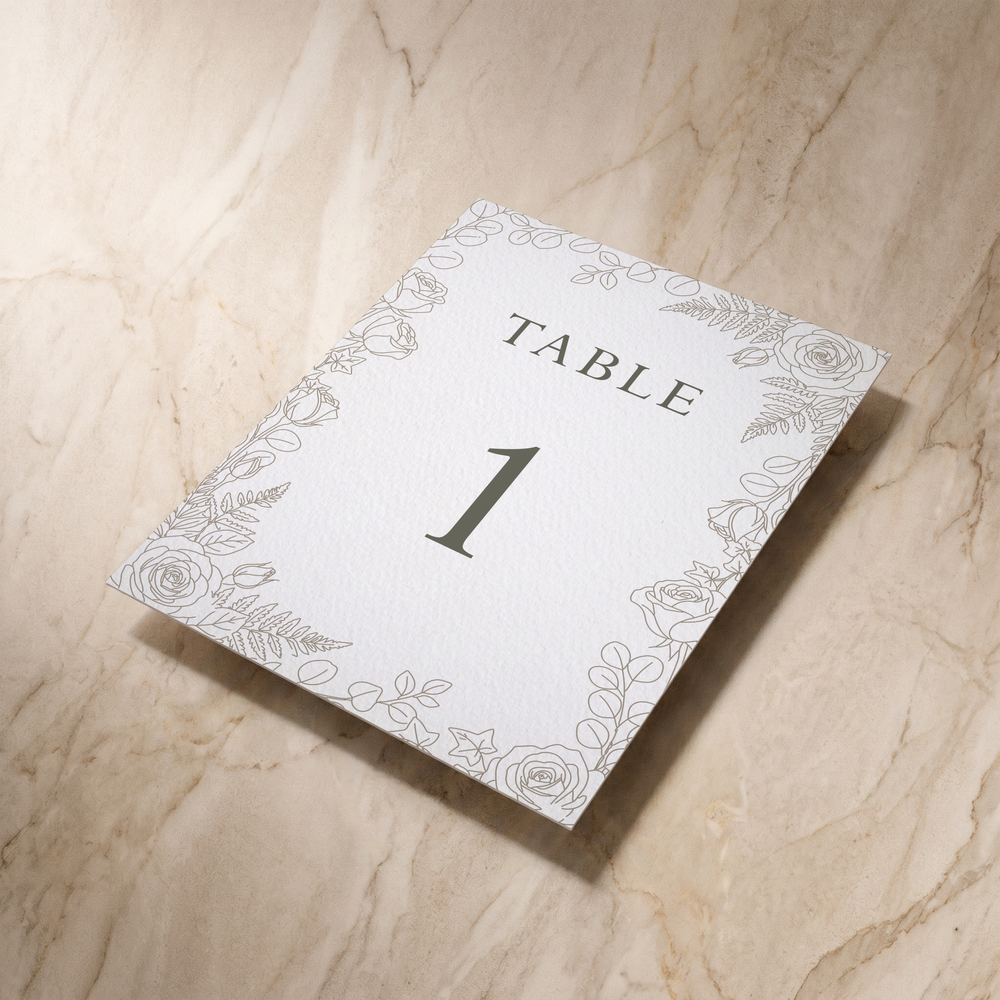 Line Garden table number card, shown at an angle, designed and printed in Suffolk