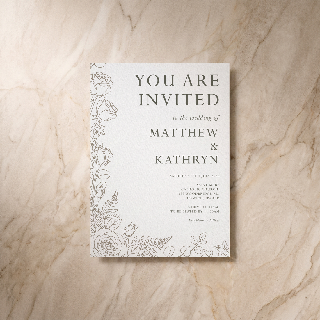 Line Garden wedding invitation, front design, designed and printed in Suffolk