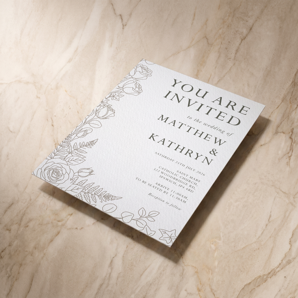 Line Garden wedding invitation, shown at an angle, designed and printed in Suffolk