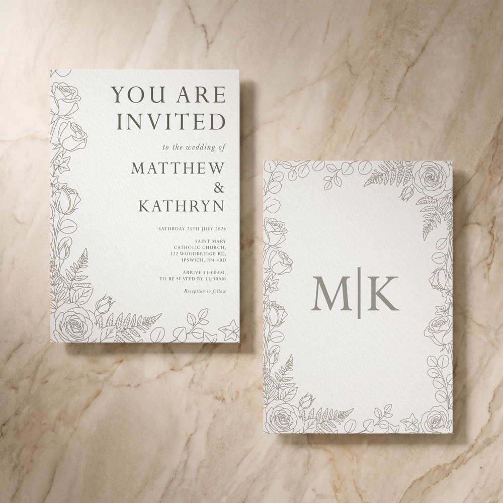 Line Garden wedding invitation, front and reverse, designed and printed in Suffolk