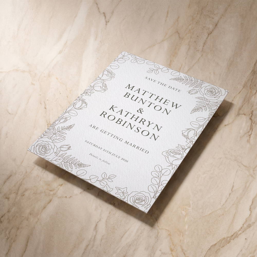 Line Garden save the date card, shown at an angle, designed and printed in Suffolk