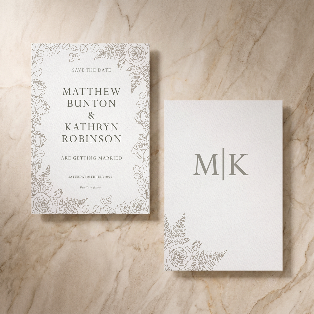 Line Garden save the date card, front and reverse, designed and printed in Suffolk