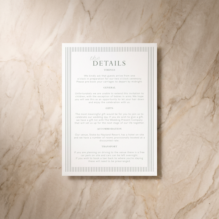Lines wedding details card, front