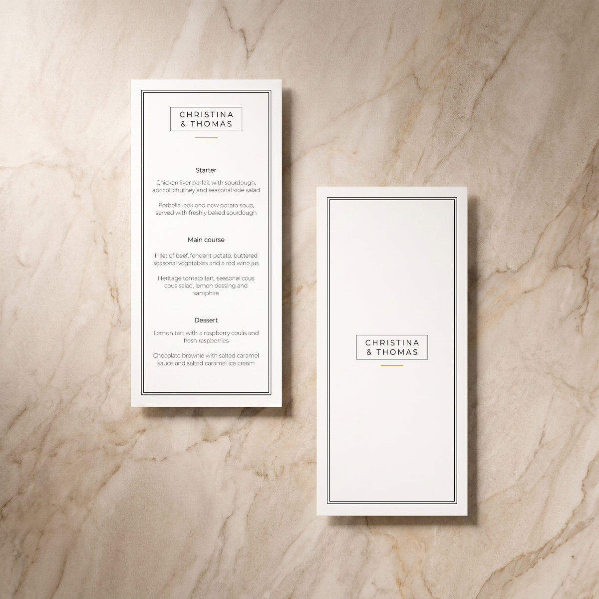 Simplicity wedding menu cards, front and reverse, designed and printed in Suffolk