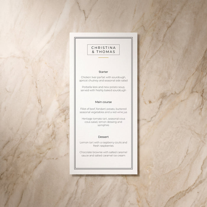 Simplicity wedding menu card, front design, designed and printed in Suffolk
