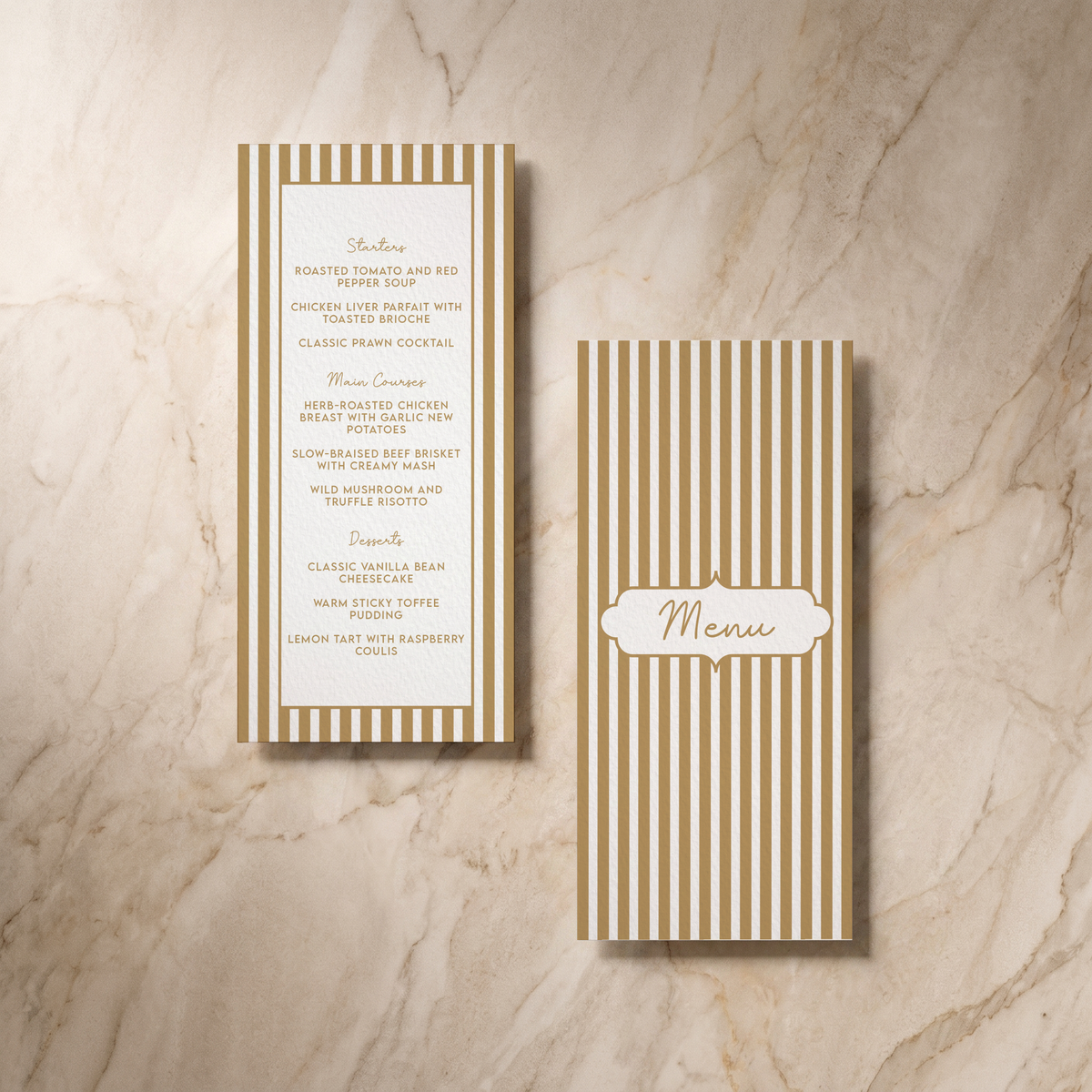 Parlour wedding menu card, shown at an angle, designed and printed in Suffolk