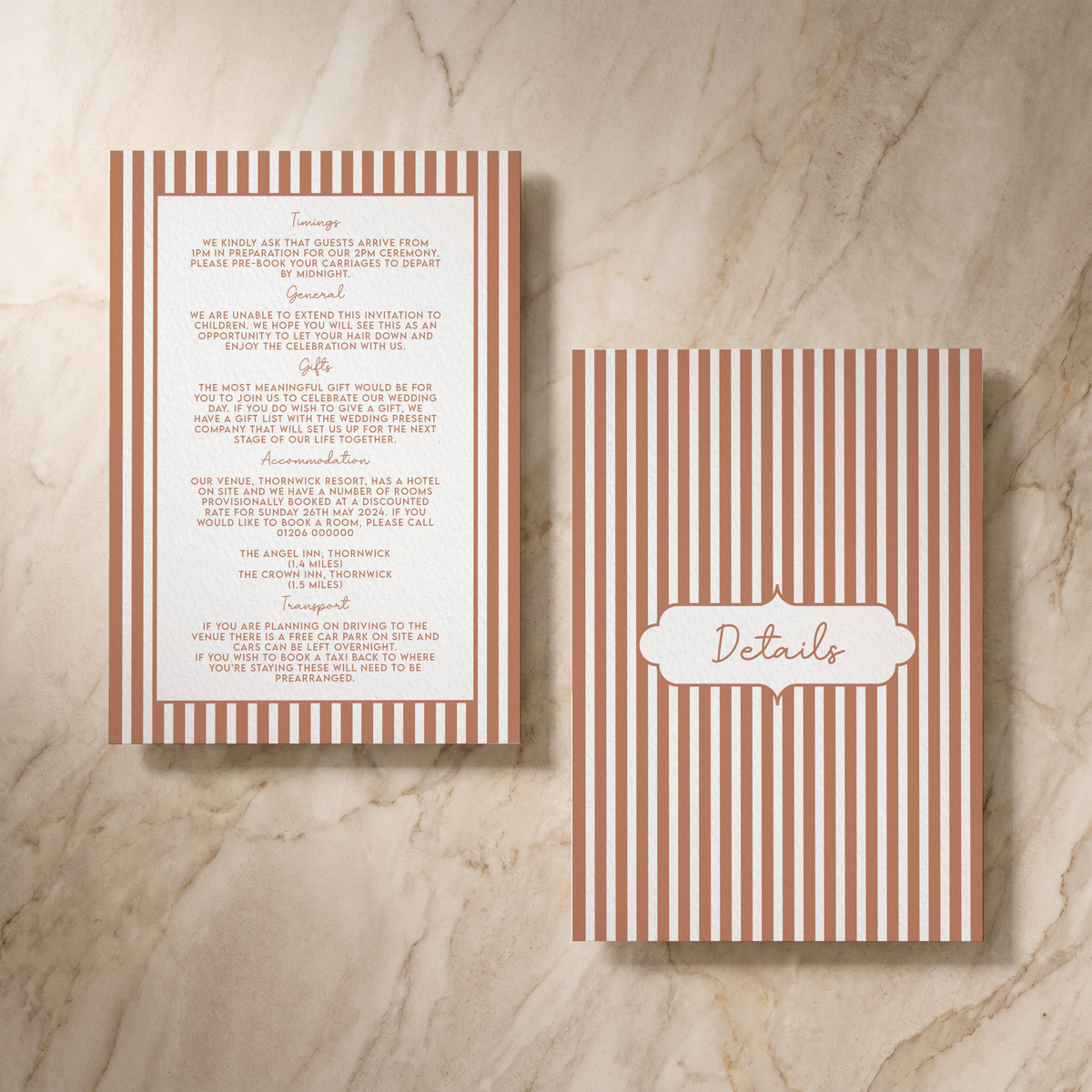 Parlour wedding details card, design detail, designed and printed in Suffolk