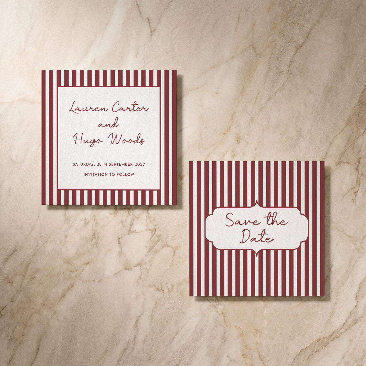 Parlour wedding save the date card, shown at an angle, designed and printed in Suffolk