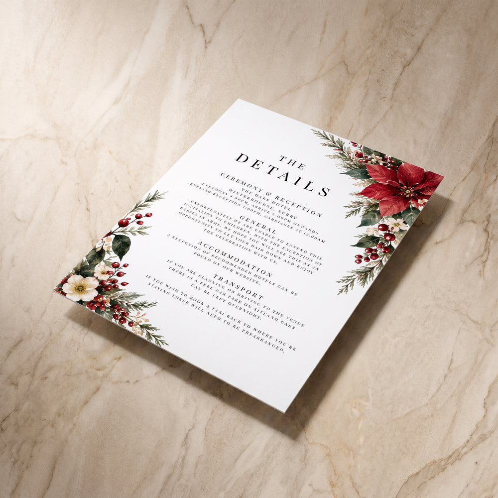 Christmas Poinsettia details card, angled front view