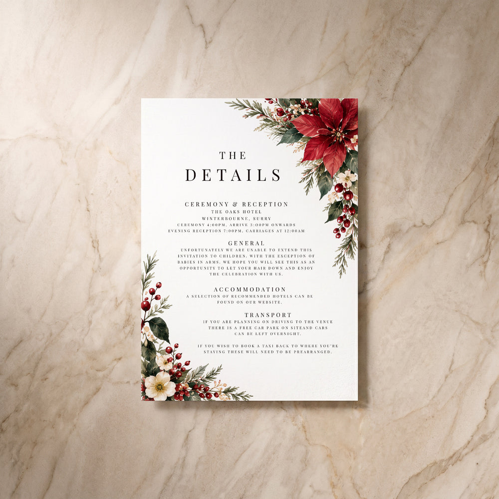 Christmas Poinsettia details card, single front view