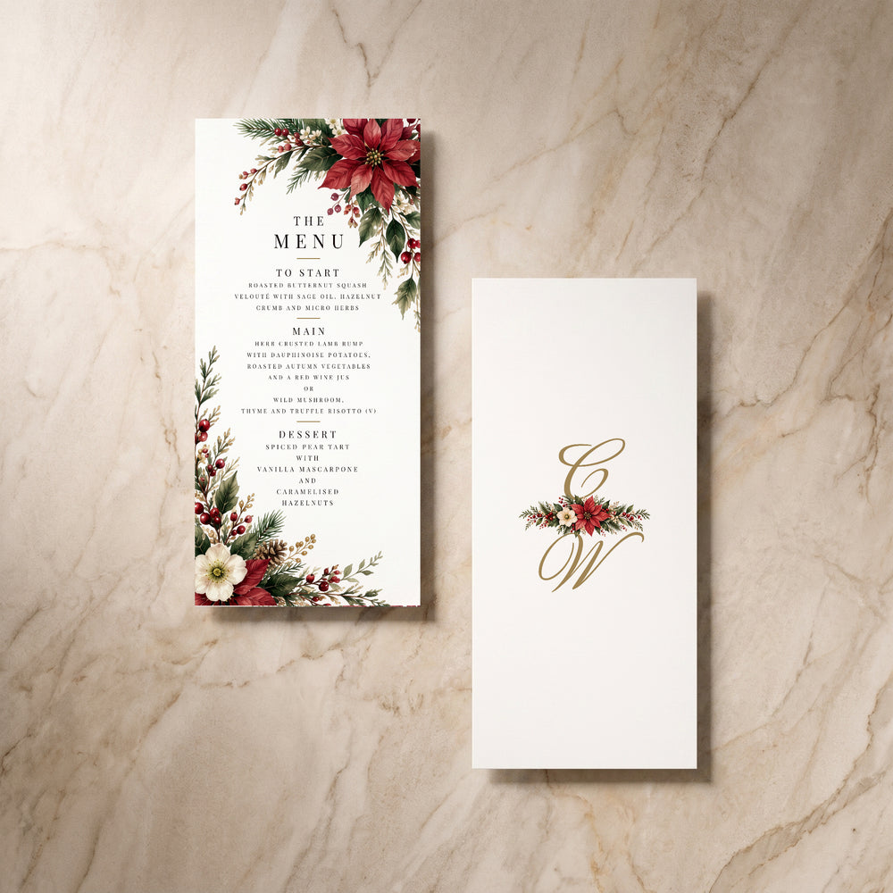 Christmas Poinsettia menu, pair of cards