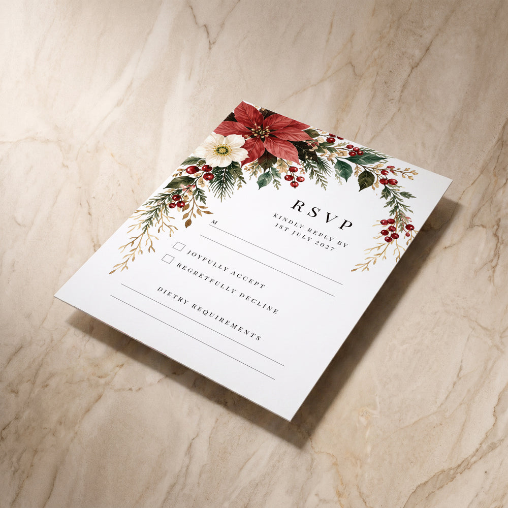 Christmas Poinsettia RSVP card, angled front view