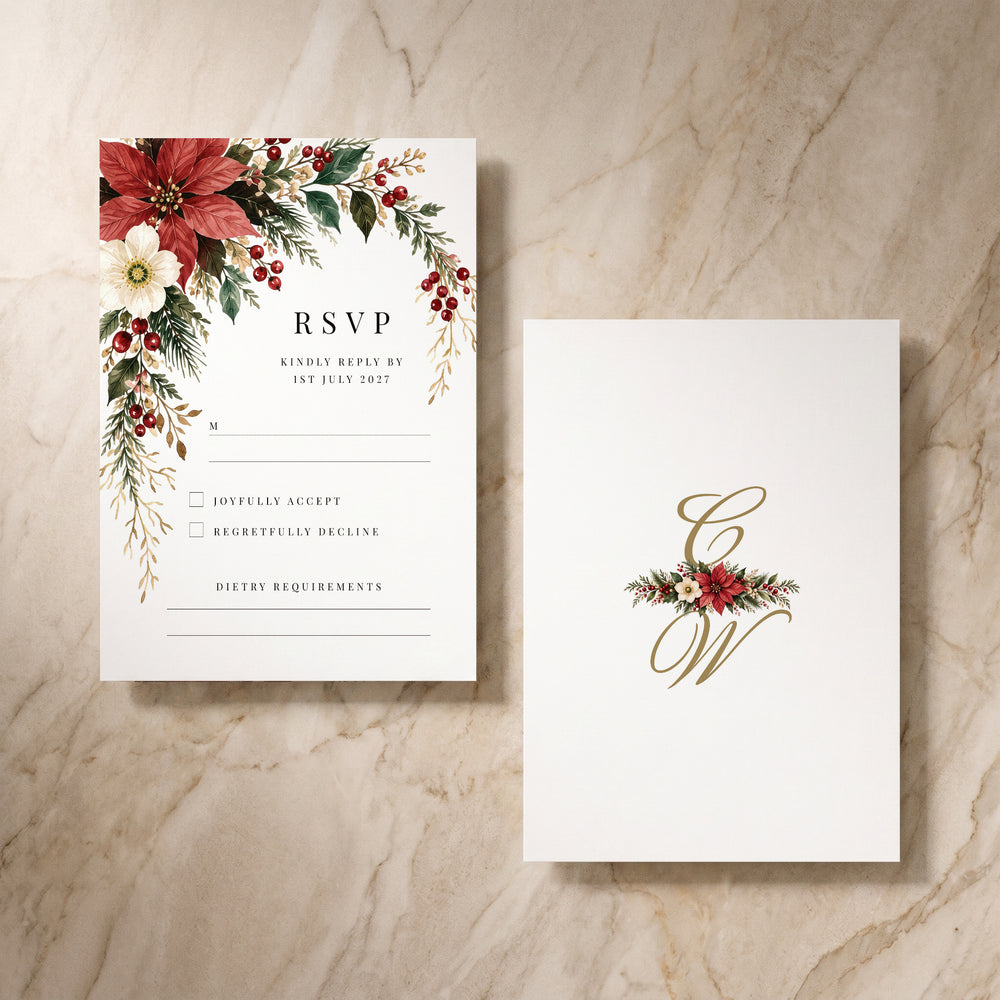 Christmas Poinsettia RSVP card, pair of cards