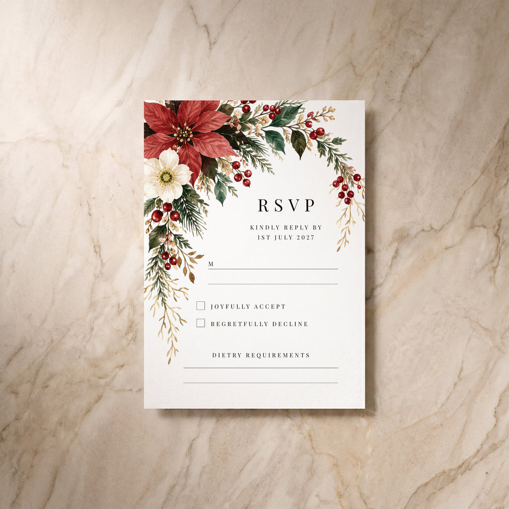 Christmas Poinsettia RSVP card, single front view