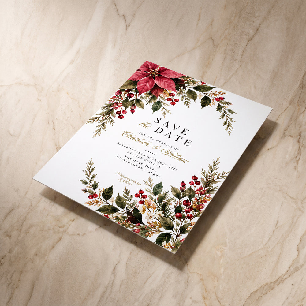 Christmas Poinsettia save the date, angled front view