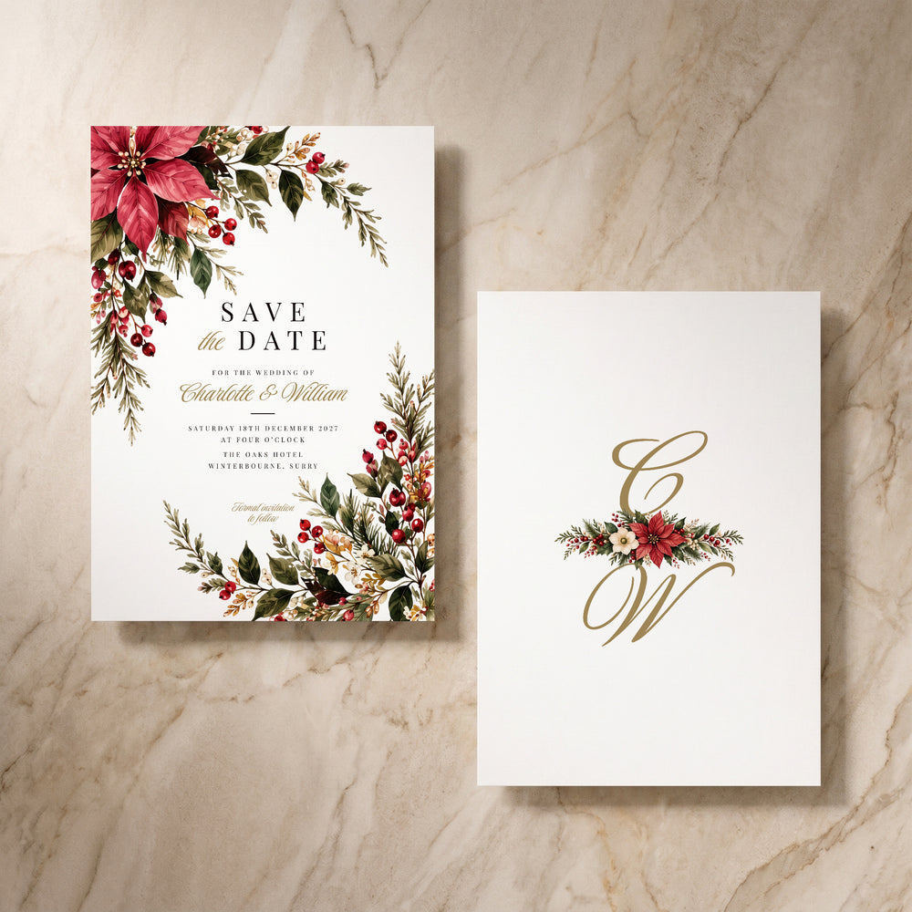 Christmas Poinsettia save the date, pair of cards