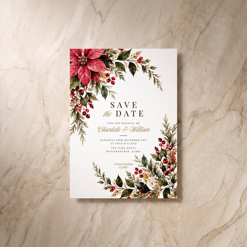 Christmas Poinsettia save the date, single front view