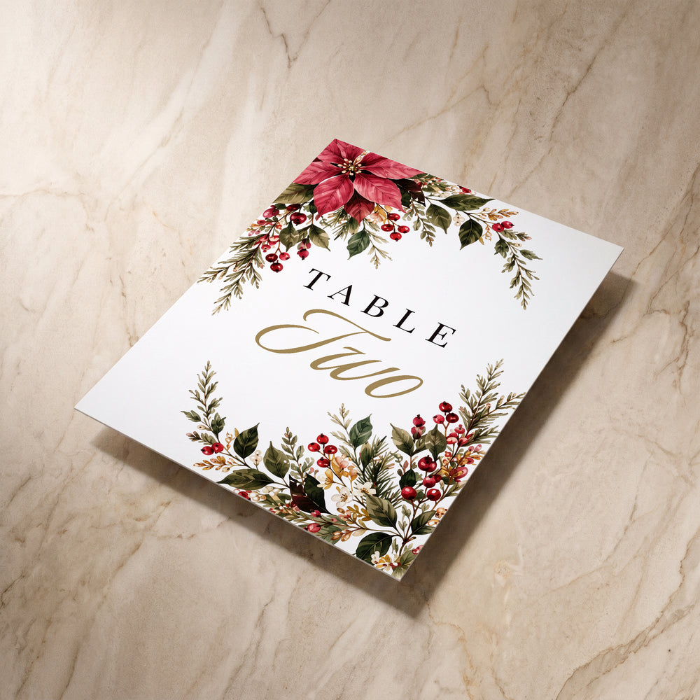 Christmas Poinsettia table number, angled back view