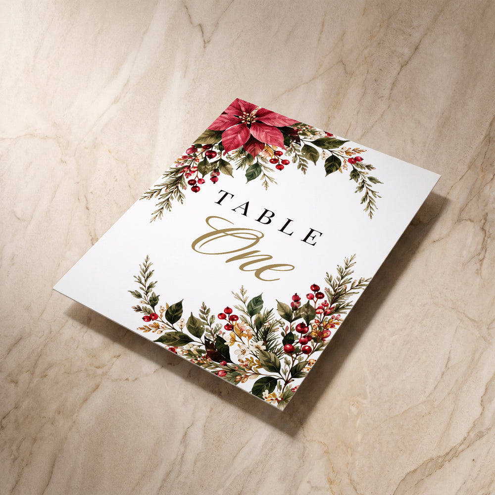 Christmas Poinsettia table number, angled front view