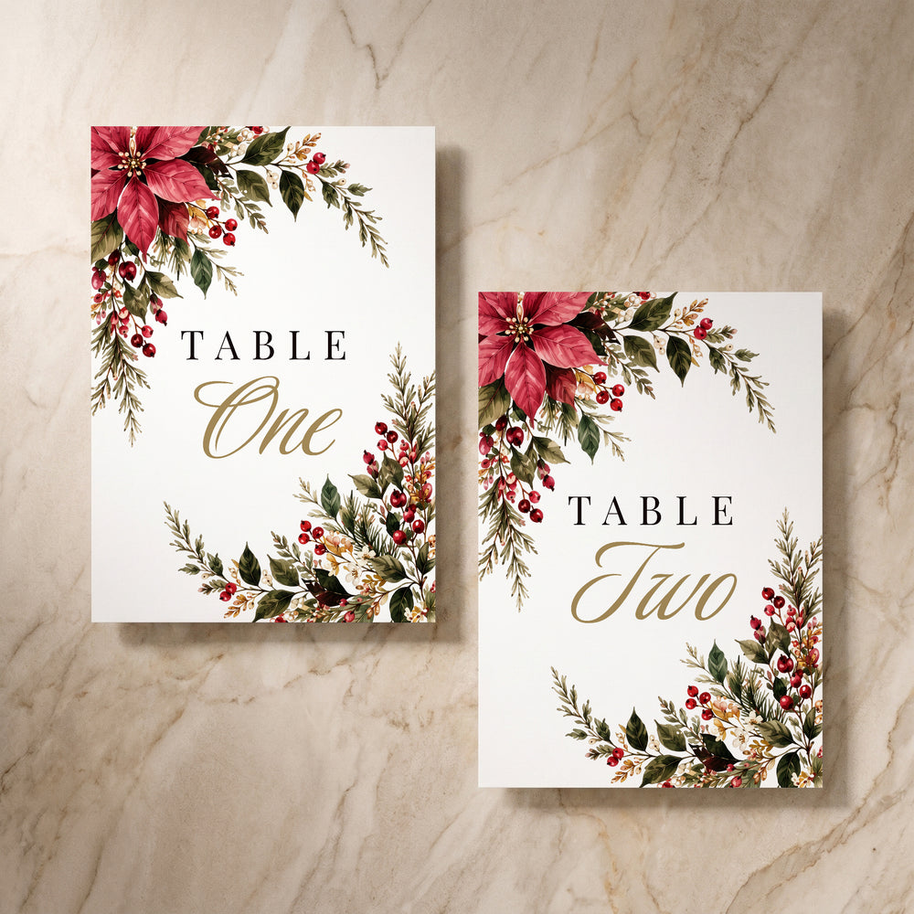 Christmas Poinsettia table number, pair of cards