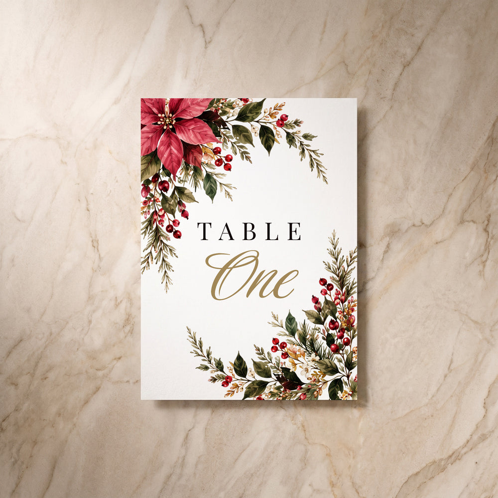 Christmas Poinsettia table number, single front view