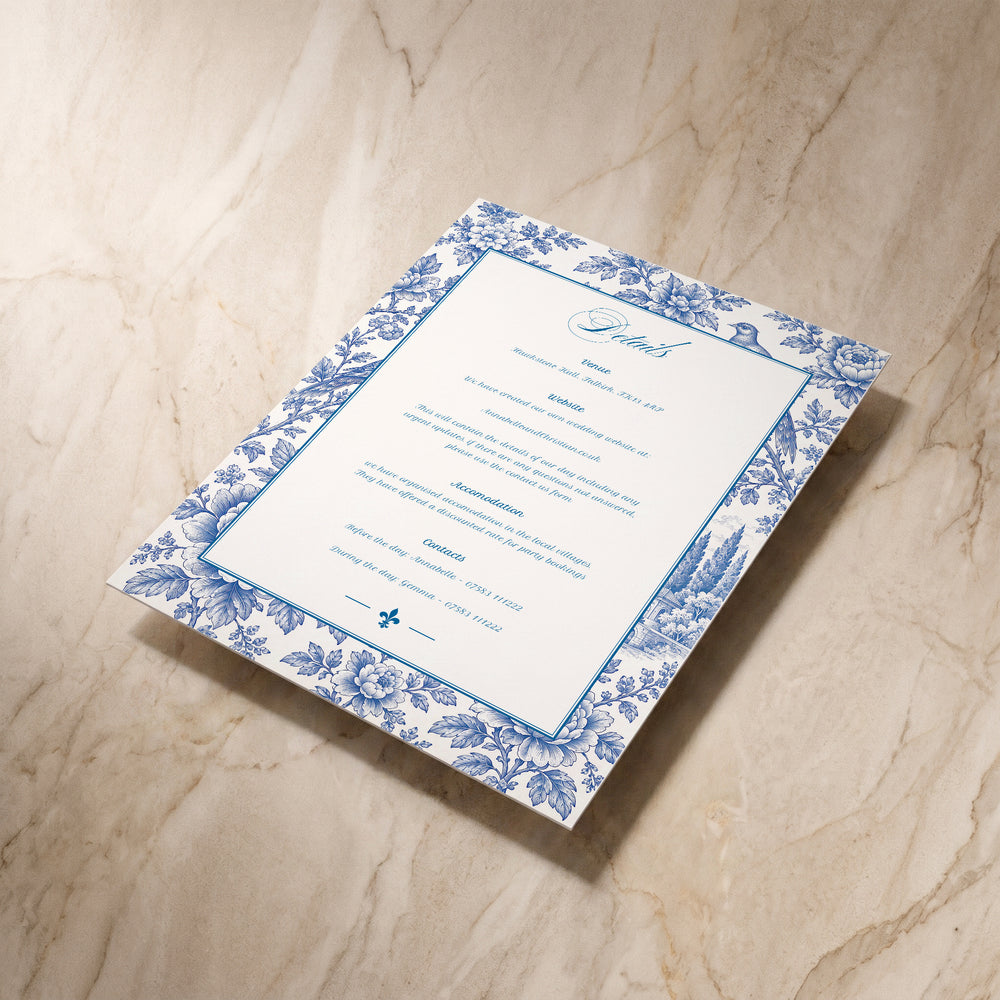 Porcelain wedding details card, angled front view