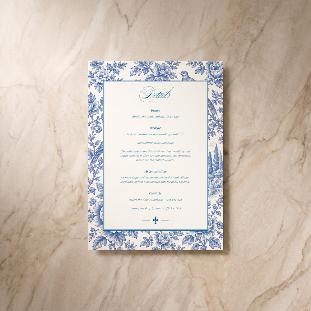 Porcelain wedding details card, front view