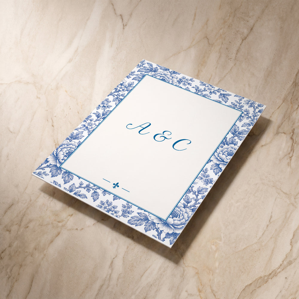 Porcelain wedding menu, angled back view