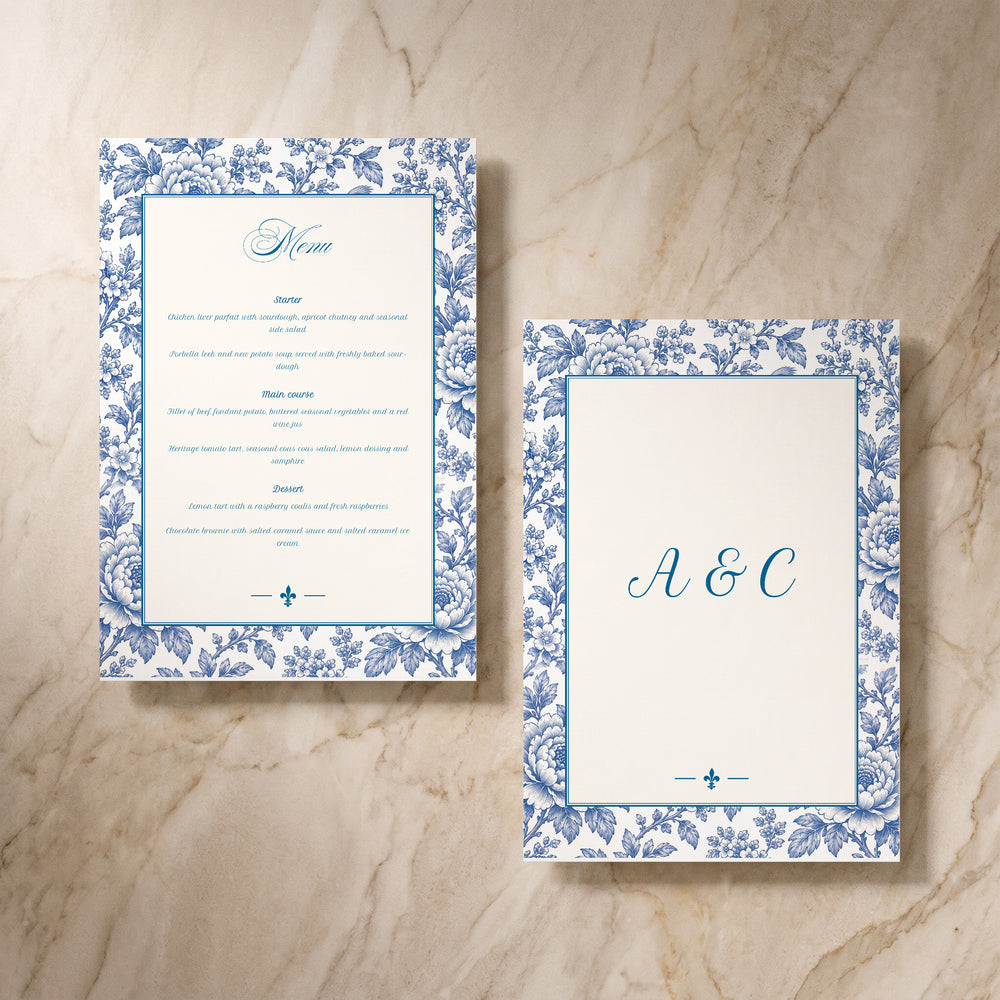 Porcelain wedding menu, front and back pair