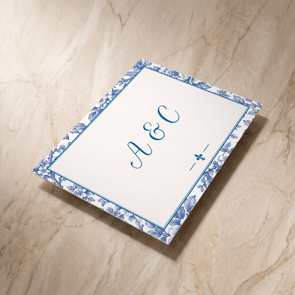 Porcelain wedding RSVP card, angled back view