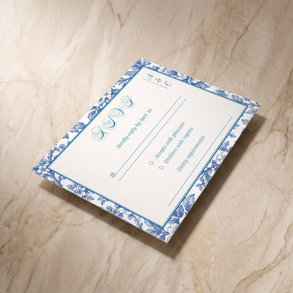 Porcelain wedding RSVP card, angled front view