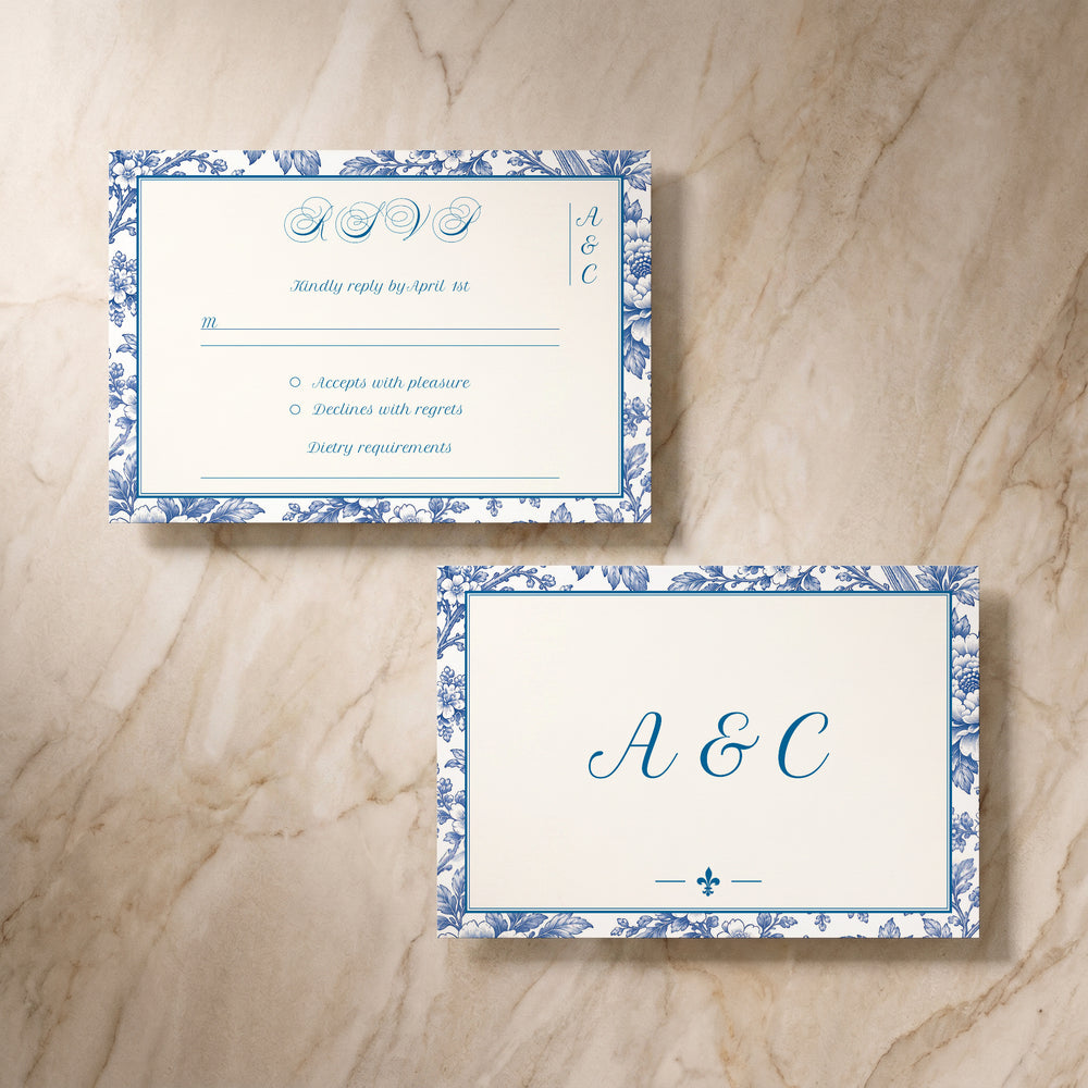 Porcelain wedding RSVP card, front and back pair