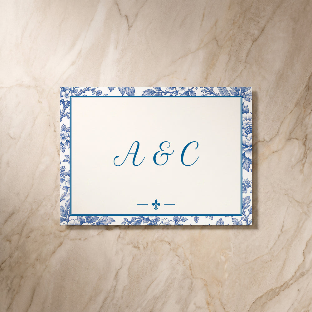 Porcelain wedding RSVP card, back view