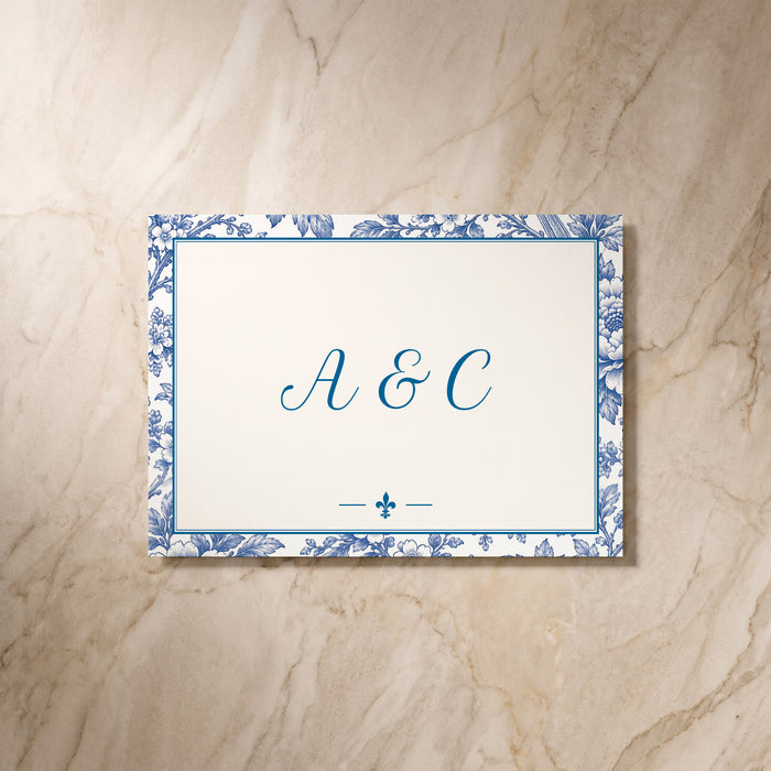 Porcelain wedding RSVP card, back view