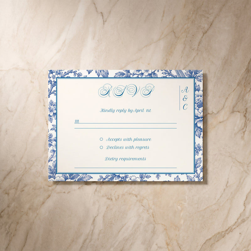 Porcelain wedding RSVP card, front view