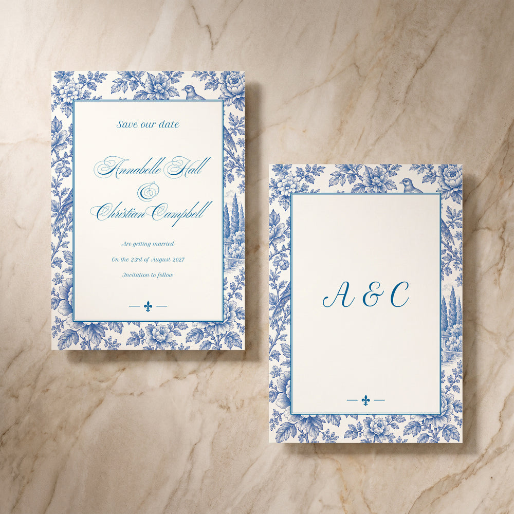 Porcelain save the date card, front and back pair