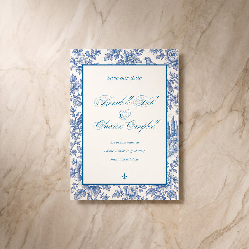 Porcelain save the date card, front view