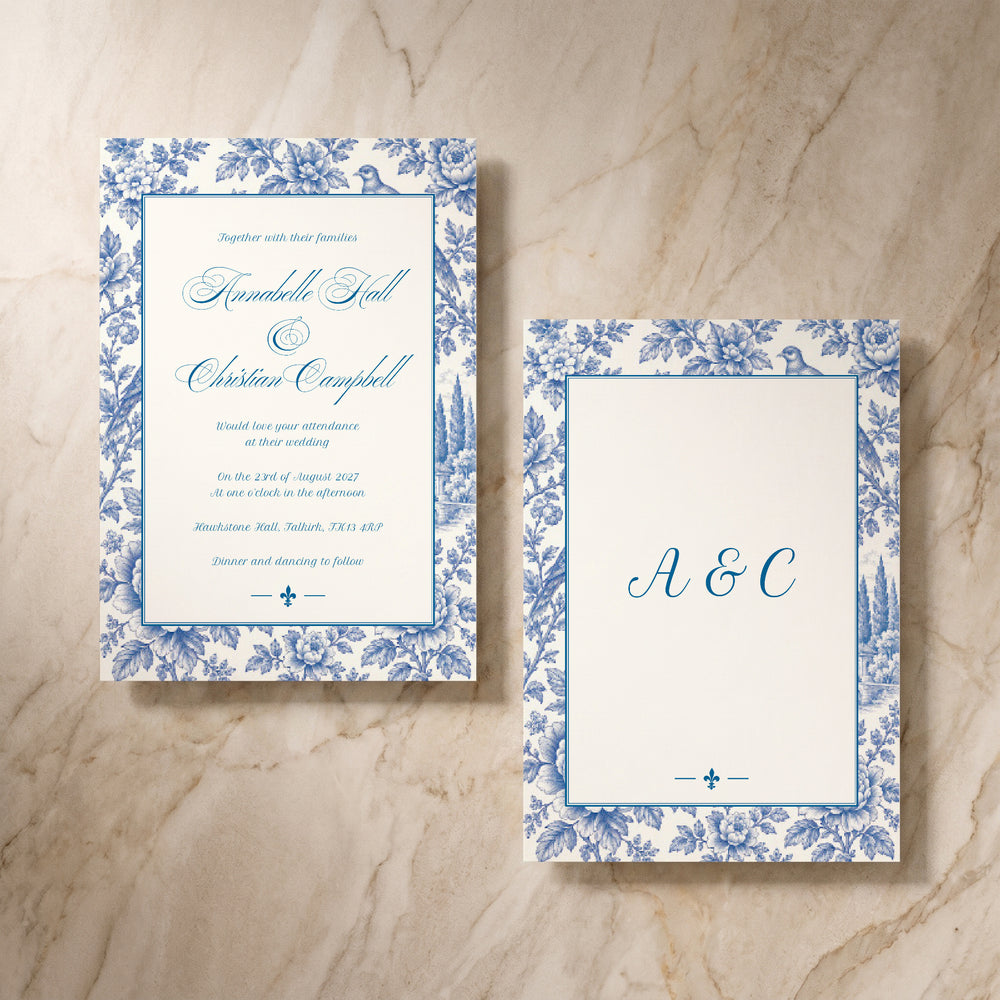 Porcelain wedding invitation, front and back pair