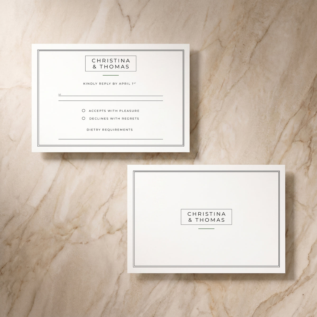 Simplicity wedding RSVP cards, front and reverse, designed and printed in Suffolk