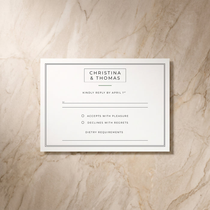 Simplicity wedding RSVP card, front design, designed and printed in Suffolk
