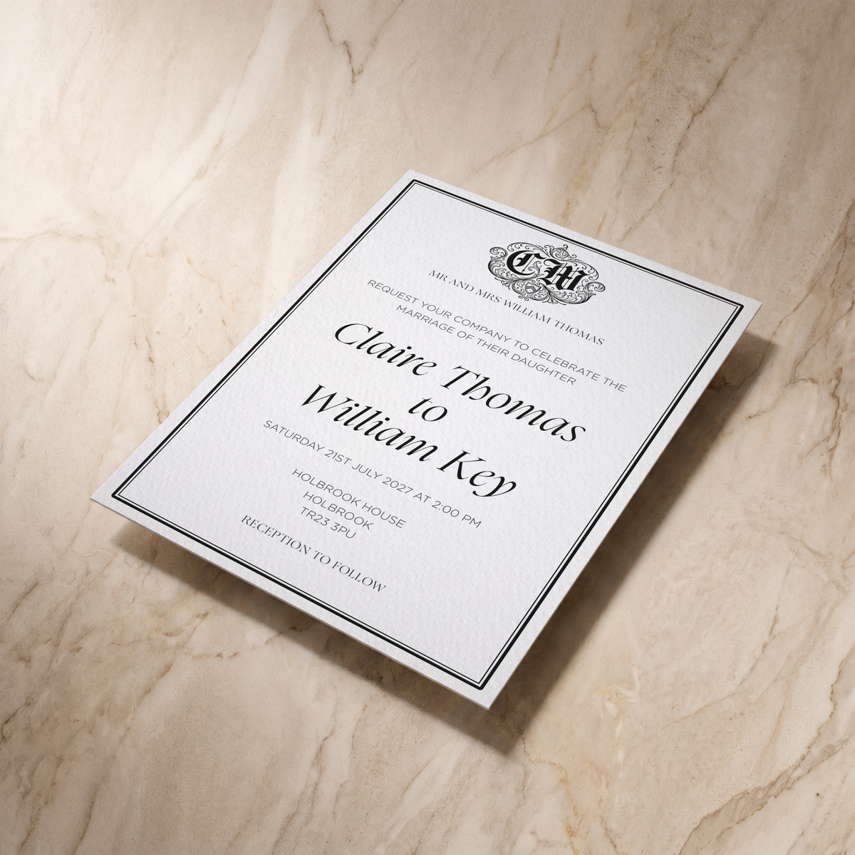 Regency wedding invitation, angled front view